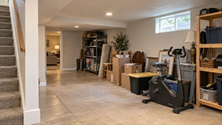 Organized basement items ready for a residential junk removal pickup in Bellevue