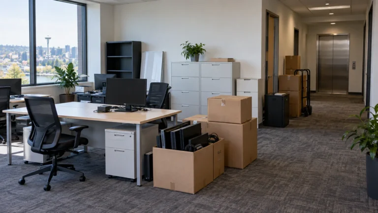 Office furniture and equipment grouped for a commercial cleanout in Redmond
