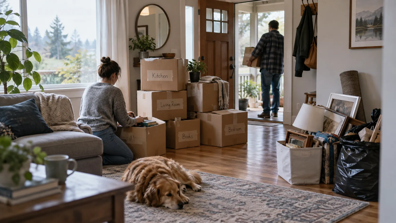 Moving boxes and unwanted household items separated for a Renton cleanout