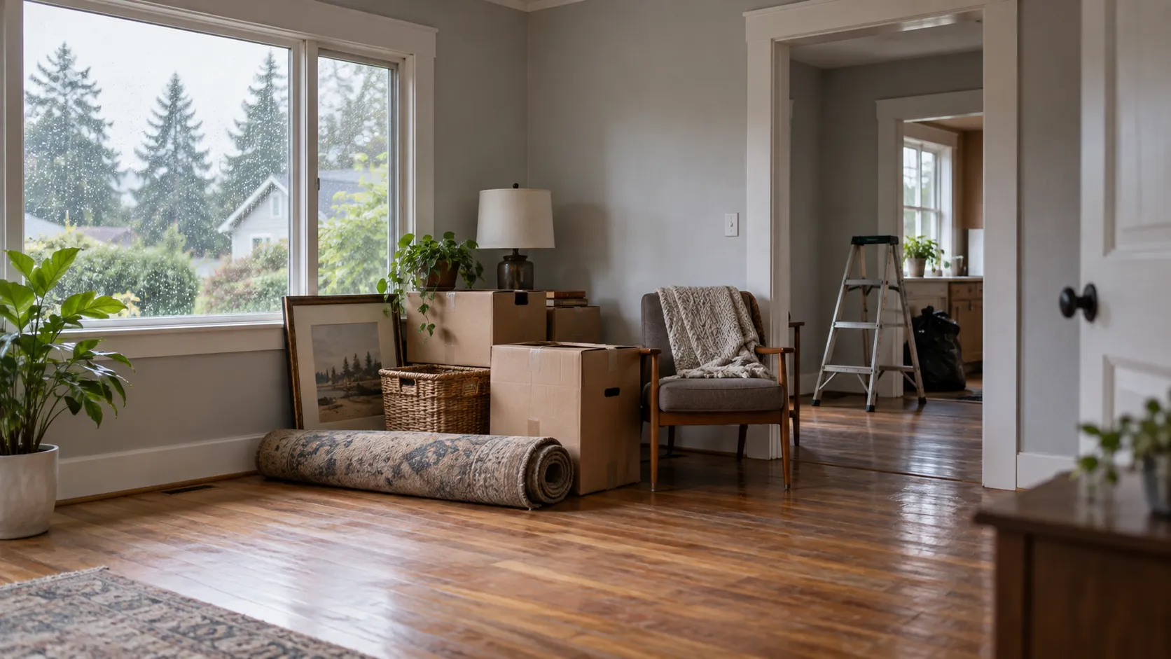 Household items grouped in a Seattle home before renovation and junk removal