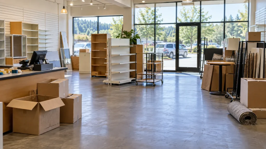 Store fixtures and boxes grouped for a retail cleanout in Kirkland